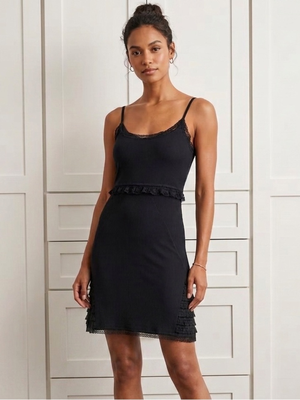 Valentino Sexy Black Knitted Spaghetti Laced Strap‎ Midi Dress Size S